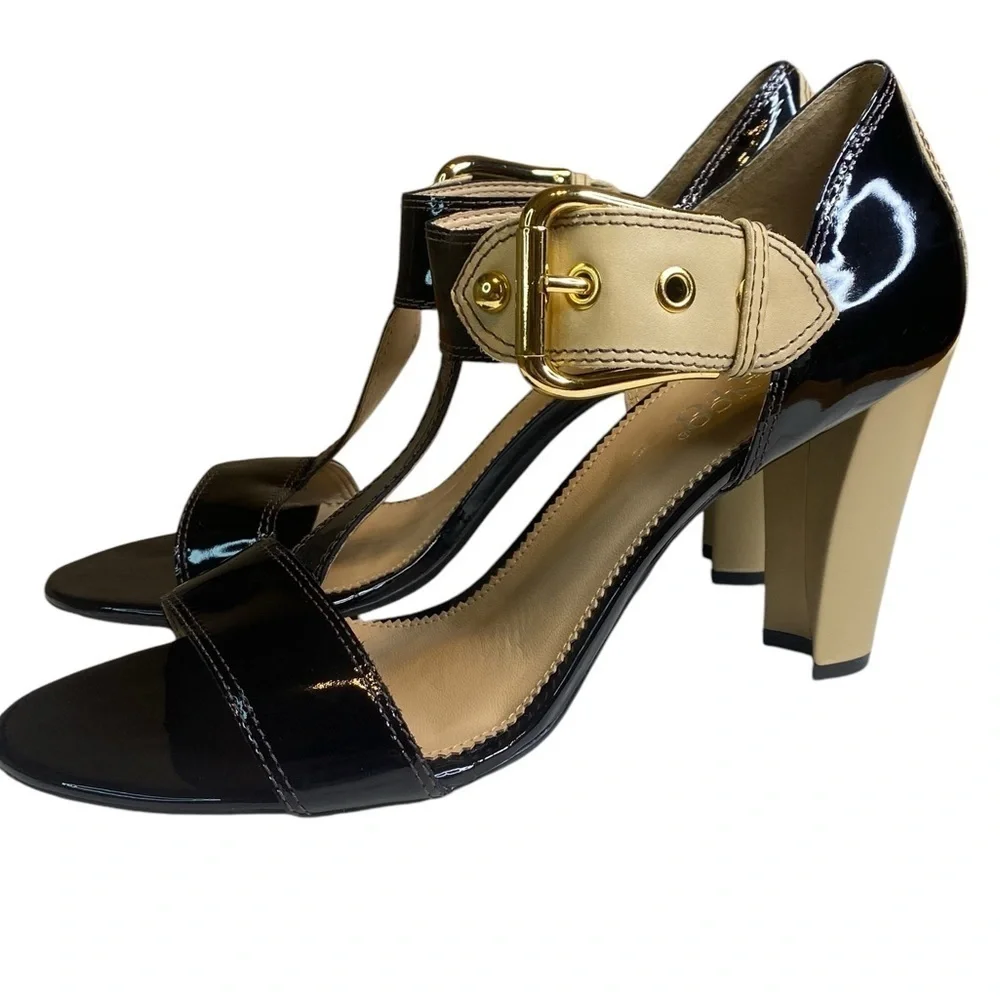 Franco Sarto patent leather Black & Tan Strap Heels Women’s Size 10